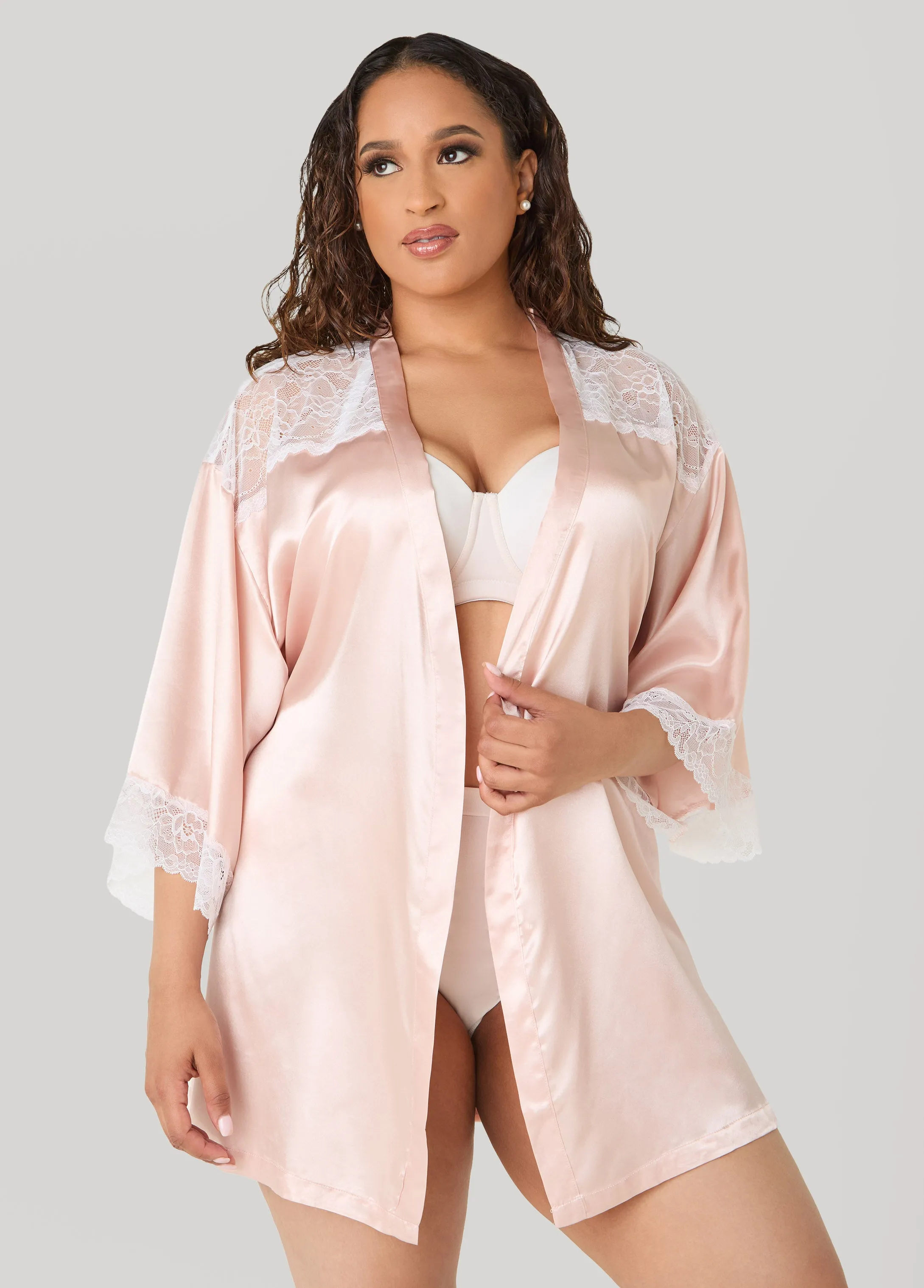 Two Tone Lace Paneled Satin Robe sold by Ashley Stewart product image thumbnail 3