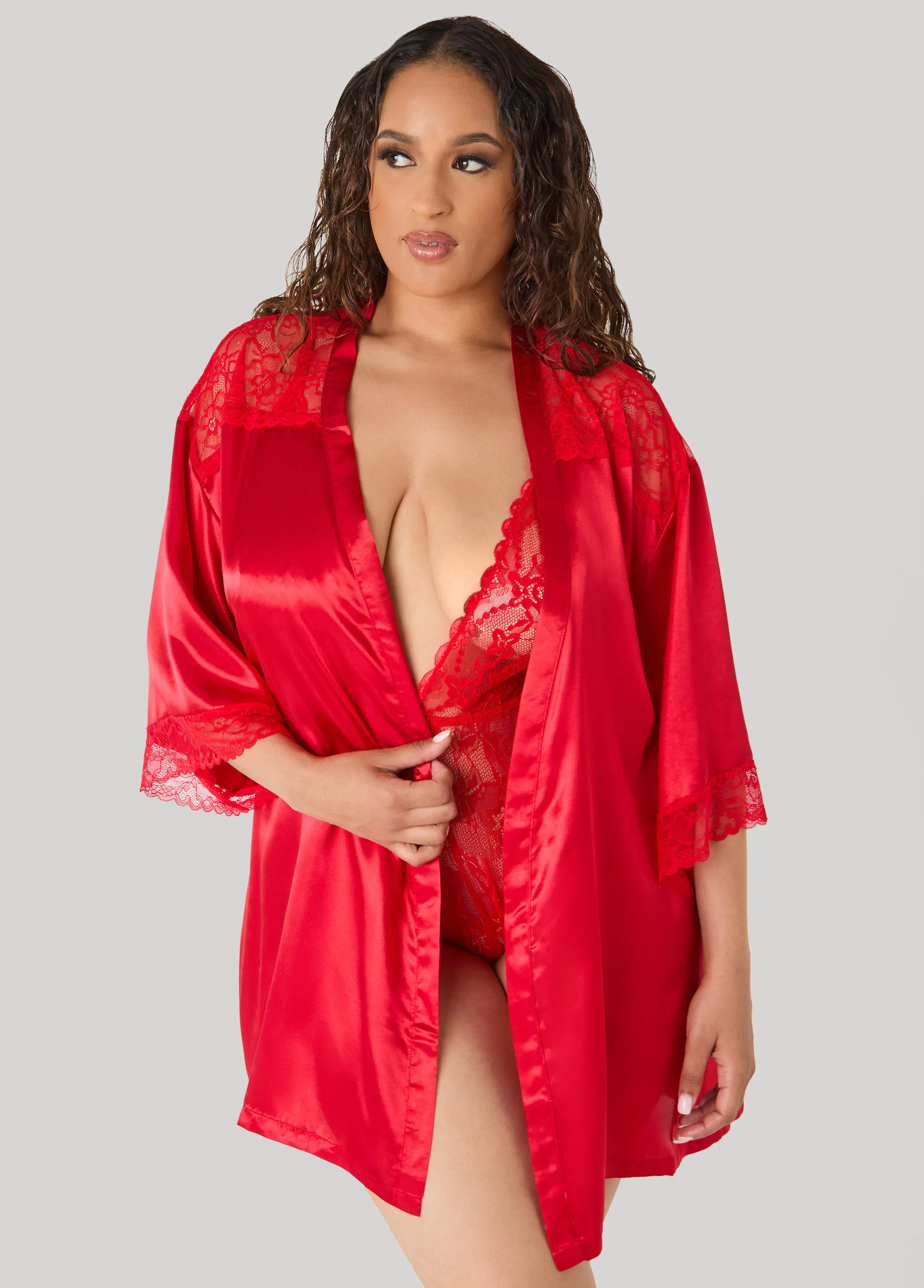 Lace Paneled Satin Robe sold by Ashley Stewart product image thumbnail 3