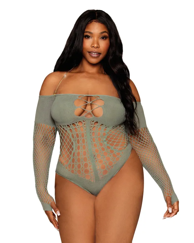 Dreamgirl Chain Trimmed Halter Mesh Teddy made by Dreamgirl