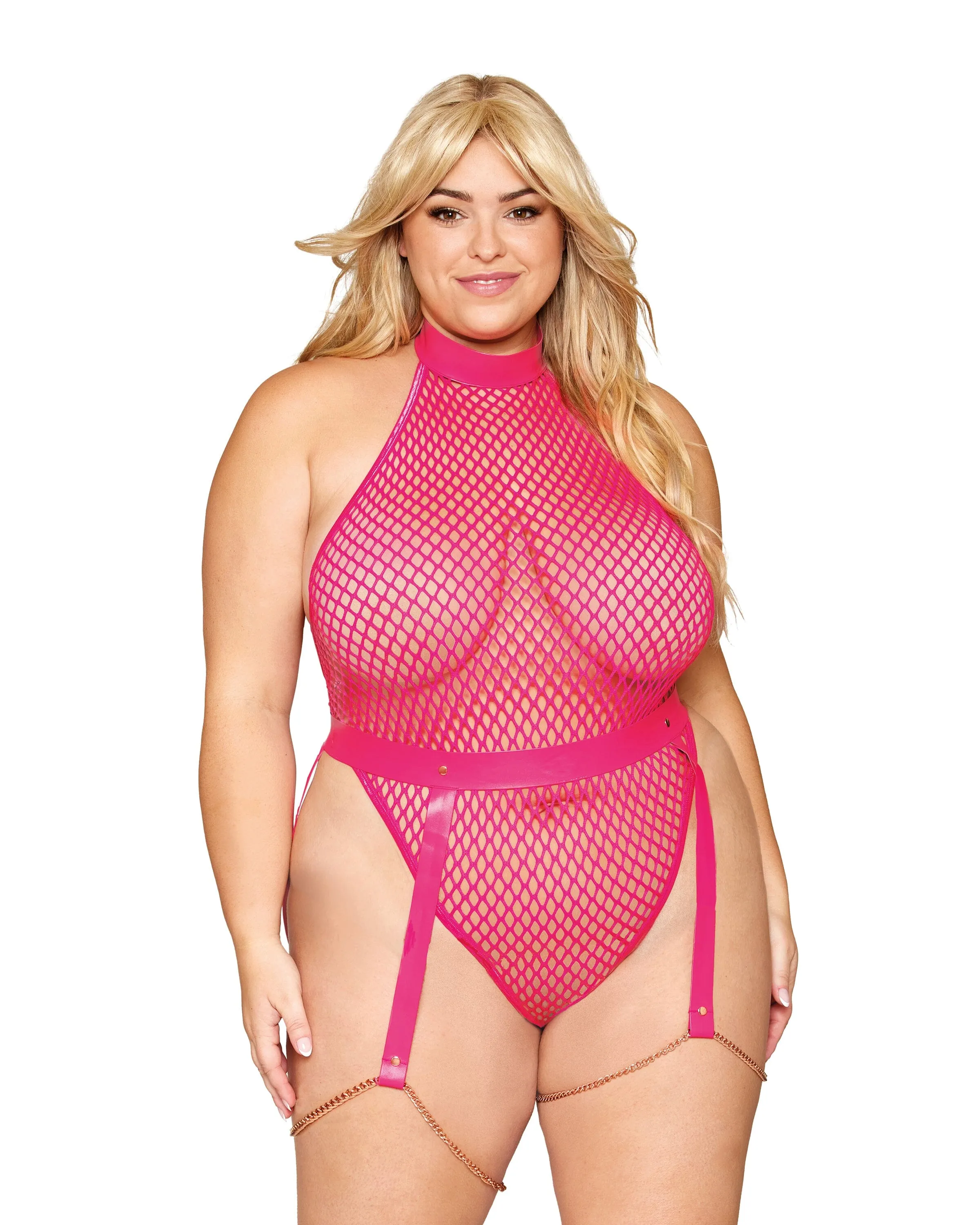 Dreamgirl Fishnet Teddy and Faux Leather Garter Belt Set sold by Ashley Stewart