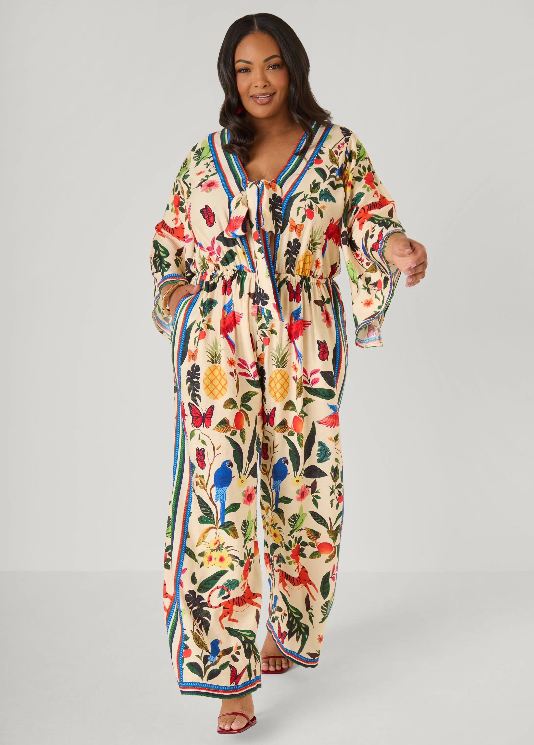 Tie Front Tropical Print Jumpsuit sold by Ashley Stewart product image thumbnail 3
