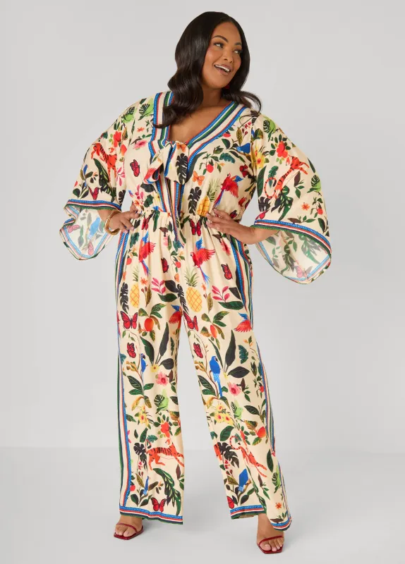 Tie Front Tropical Print Jumpsuit made by Ashley Stewart