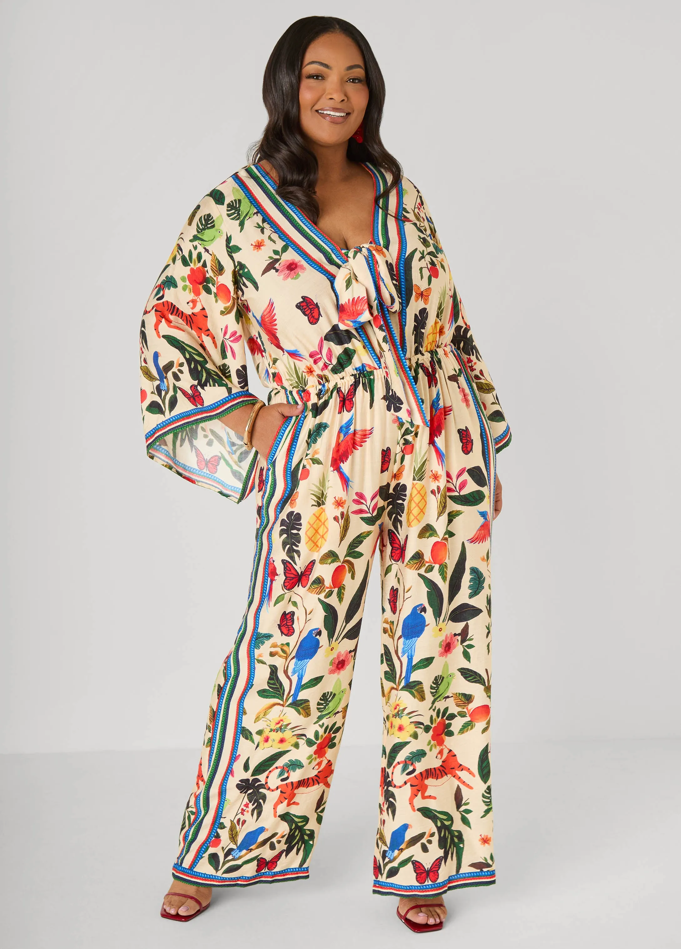 Tie Front Tropical Print Jumpsuit sold by Ashley Stewart product image thumbnail 5