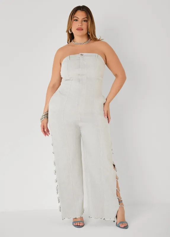 Tall Chain Trimmed Denim Jumpsuit made by Ashley Stewart