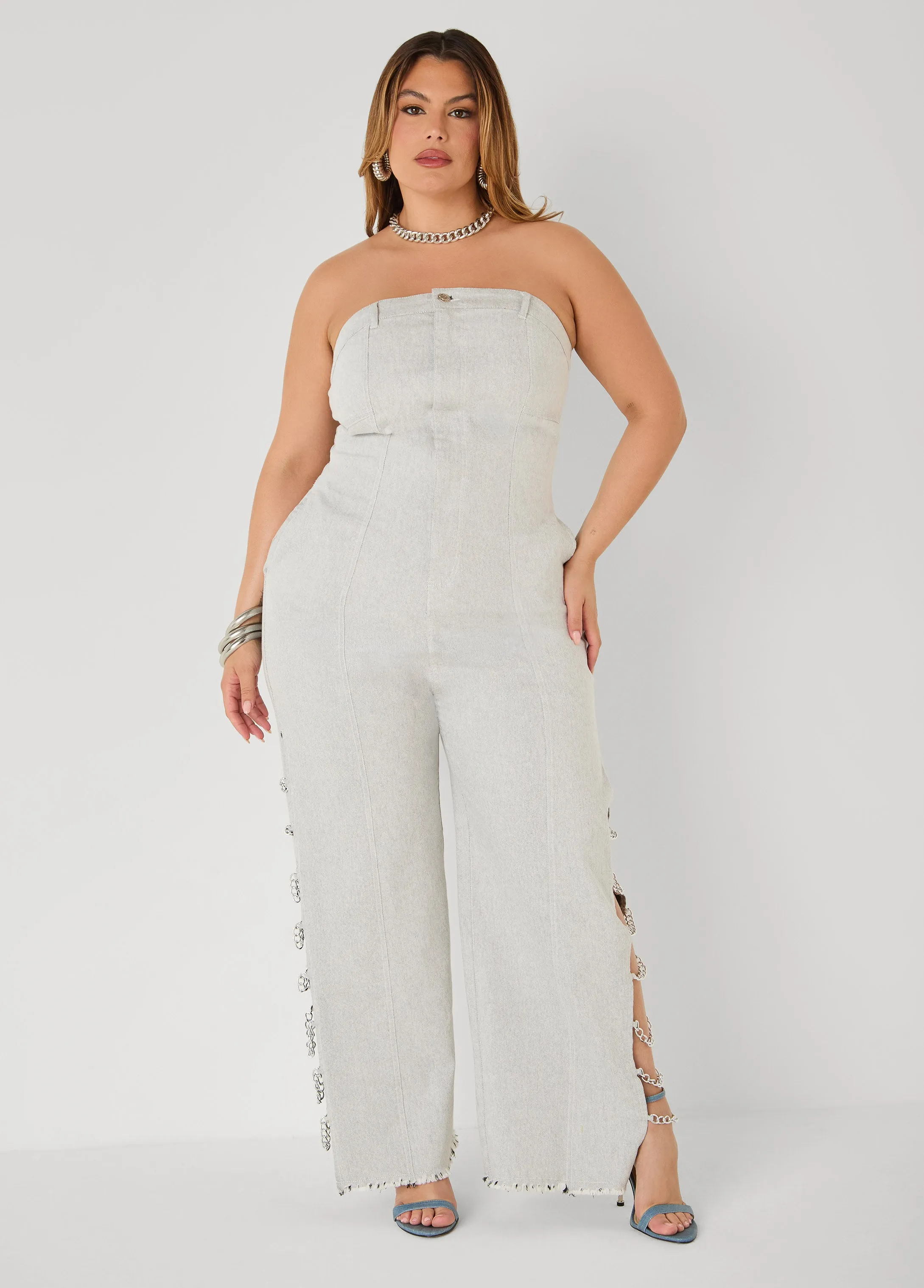 Chain Trimmed Denim Jumpsuit sold by Ashley Stewart