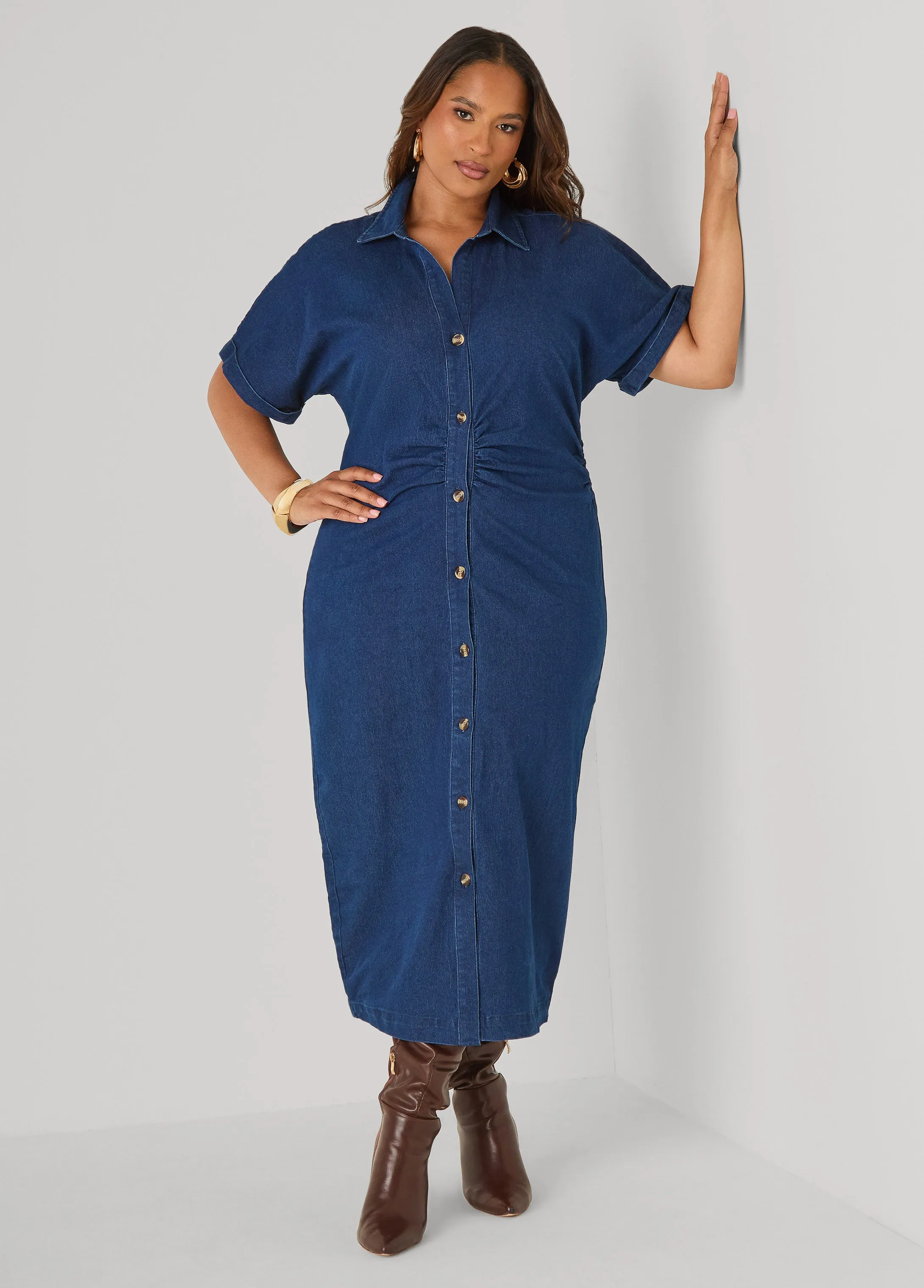 Ruched Denim Maxi Shirtdress sold by Ashley Stewart product image thumbnail 3