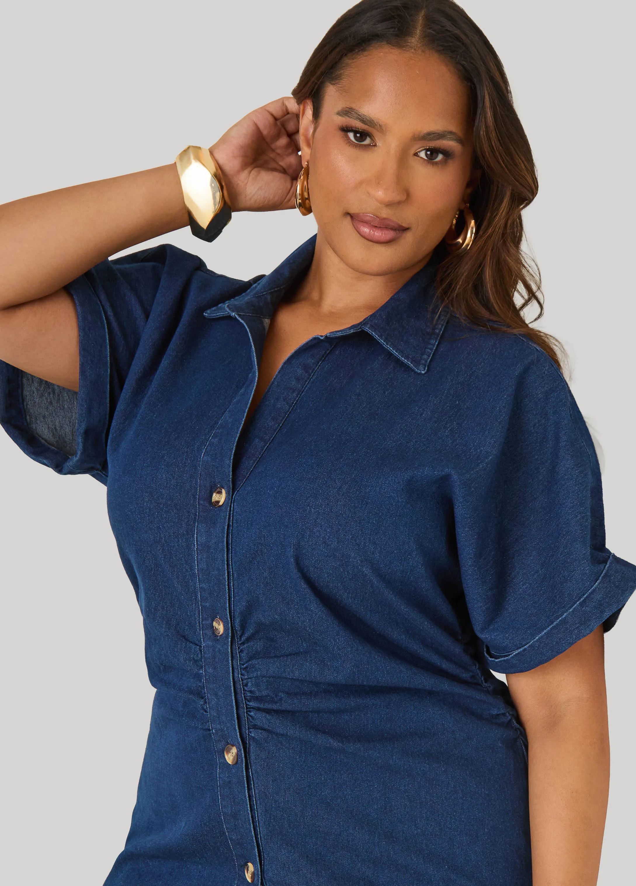 Ruched Denim Maxi Shirtdress sold by Ashley Stewart product image thumbnail 4