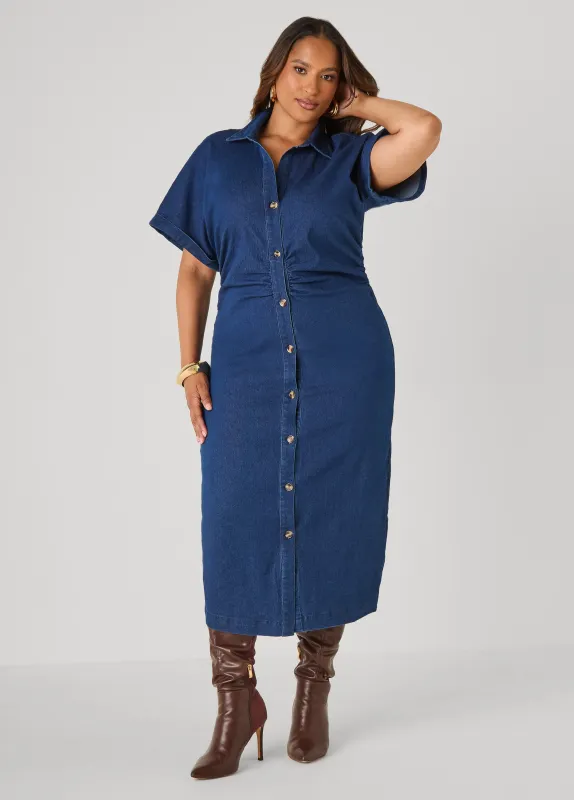 Ruched Denim Maxi Shirtdress made by Ashley Stewart