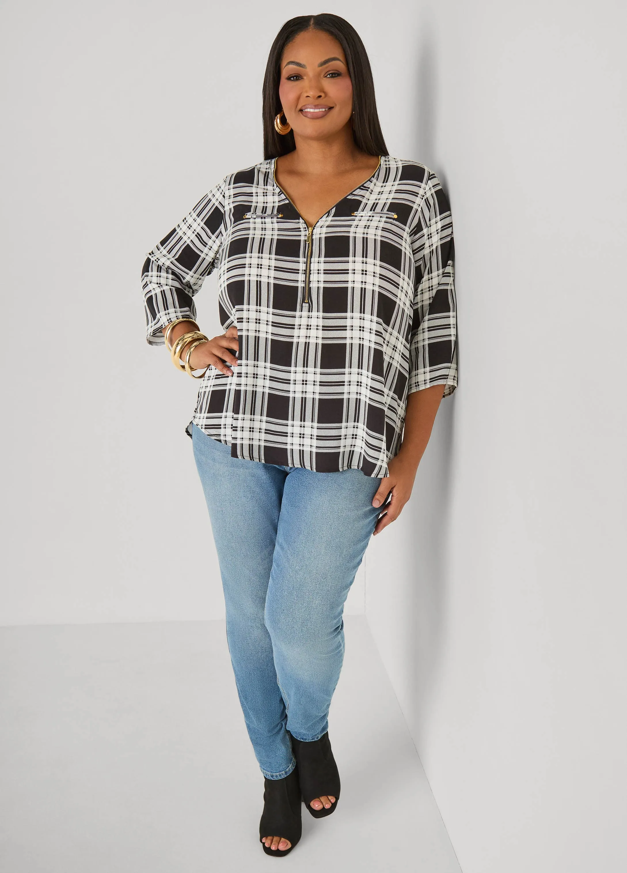 Zip Front Plaid Top sold by Ashley Stewart product image thumbnail 3