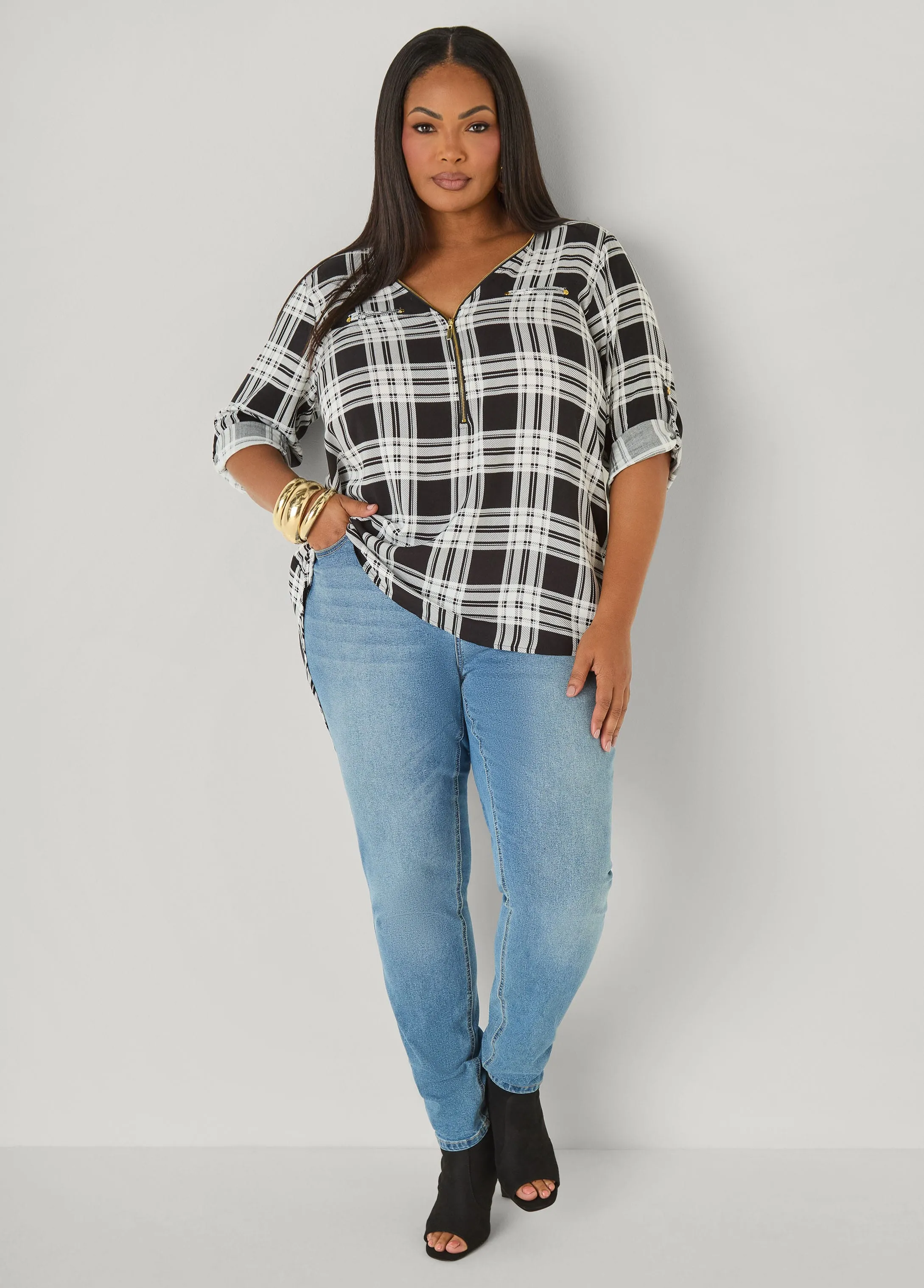 Zip Front Plaid Top sold by Ashley Stewart product image thumbnail 4