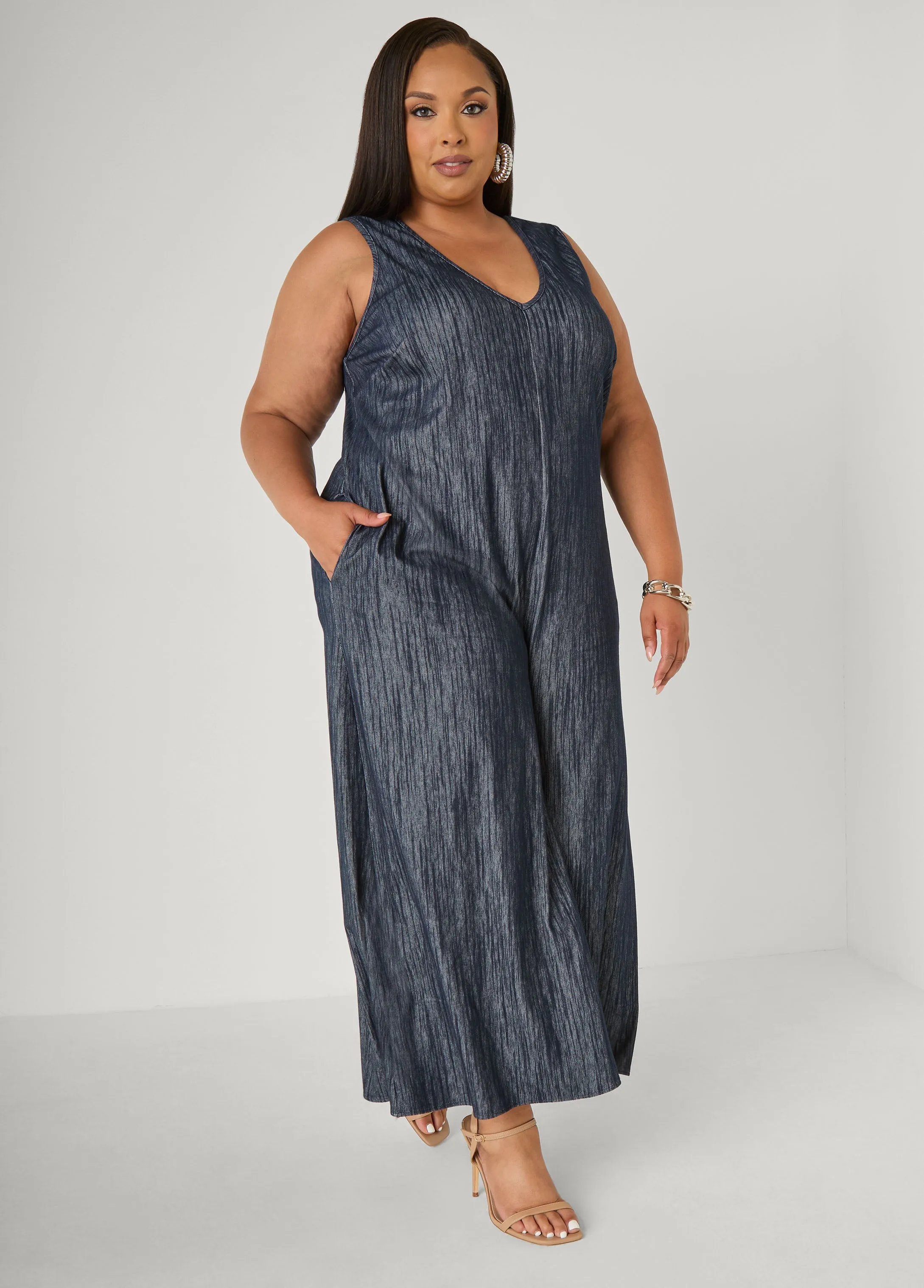 Textured Denim Wide Leg Jumpsuit sold by Ashley Stewart product image thumbnail 4