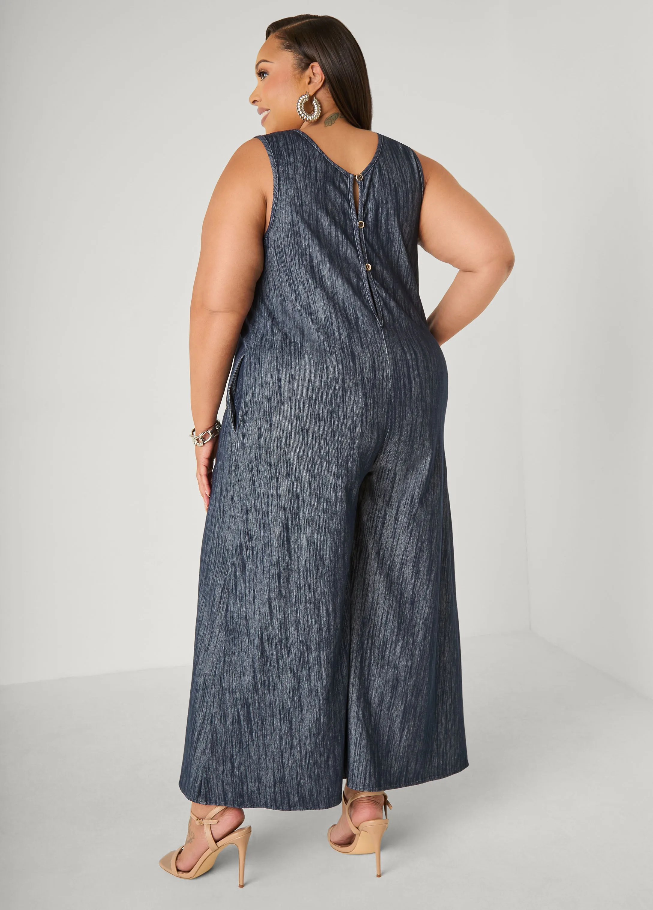 Textured Denim Wide Leg Jumpsuit sold by Ashley Stewart product image thumbnail 2