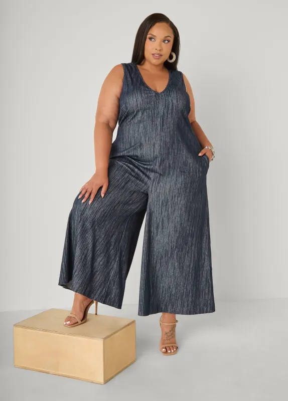 Textured Denim Wide Leg Jumpsuit made by Ashley Stewart