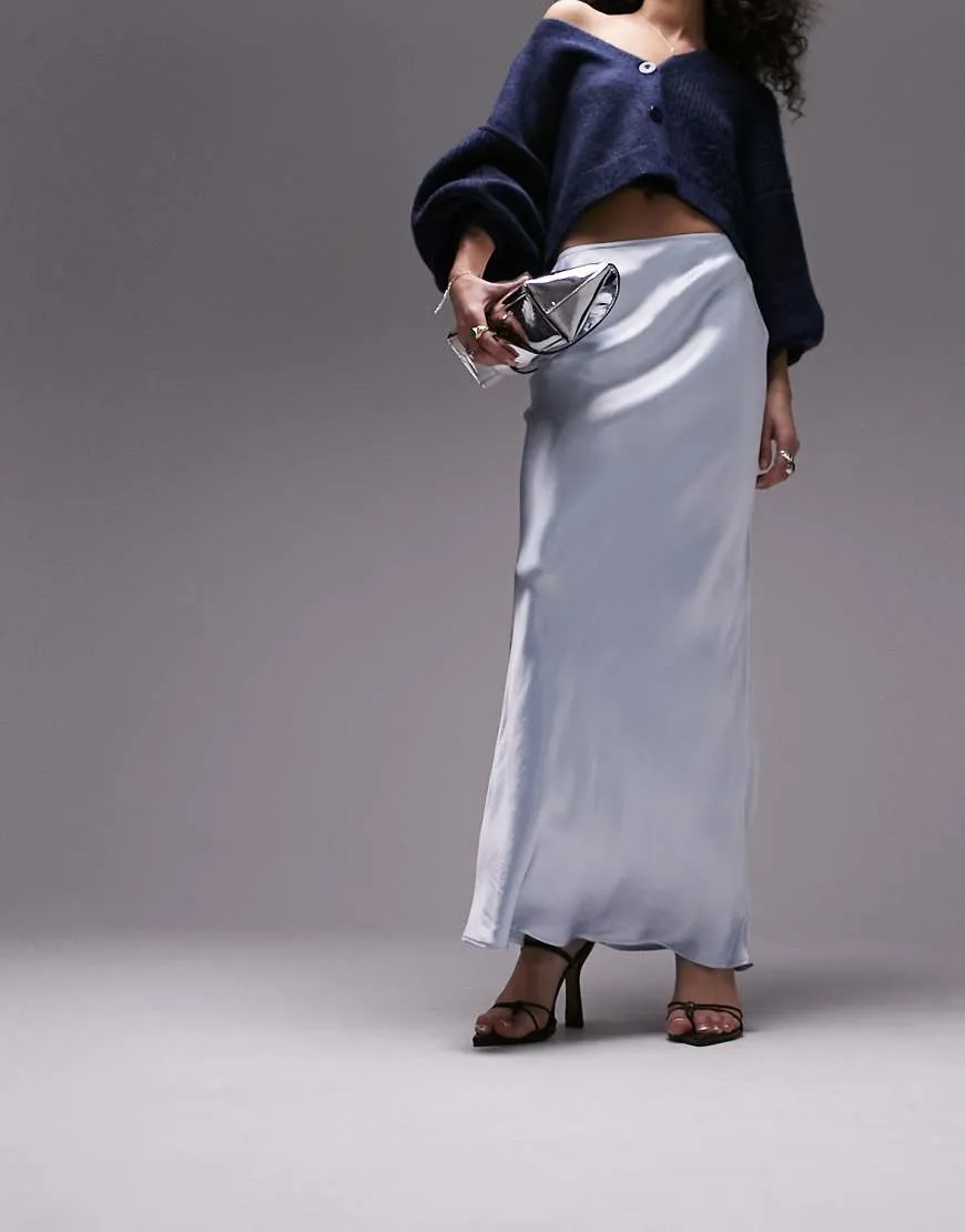 Topshop satin bias maxi skirt in light blue sold by ASOS