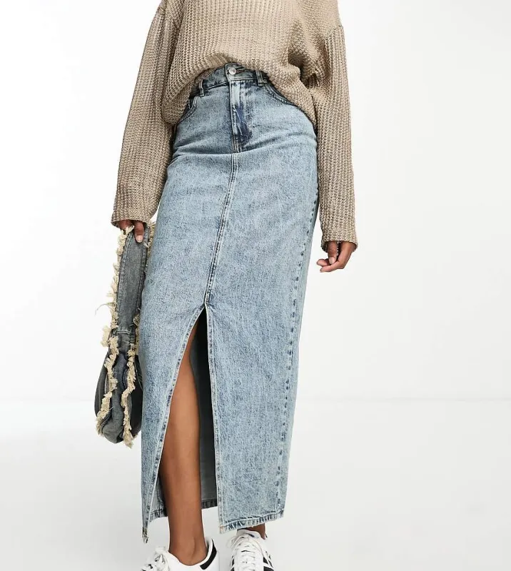 ASOS DESIGN Tall denim midi skirt with split hem in midwash-Blue