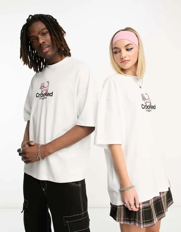 Crooked Tongues unisex oversized t-shirt with front cat print in white sold by ASOS