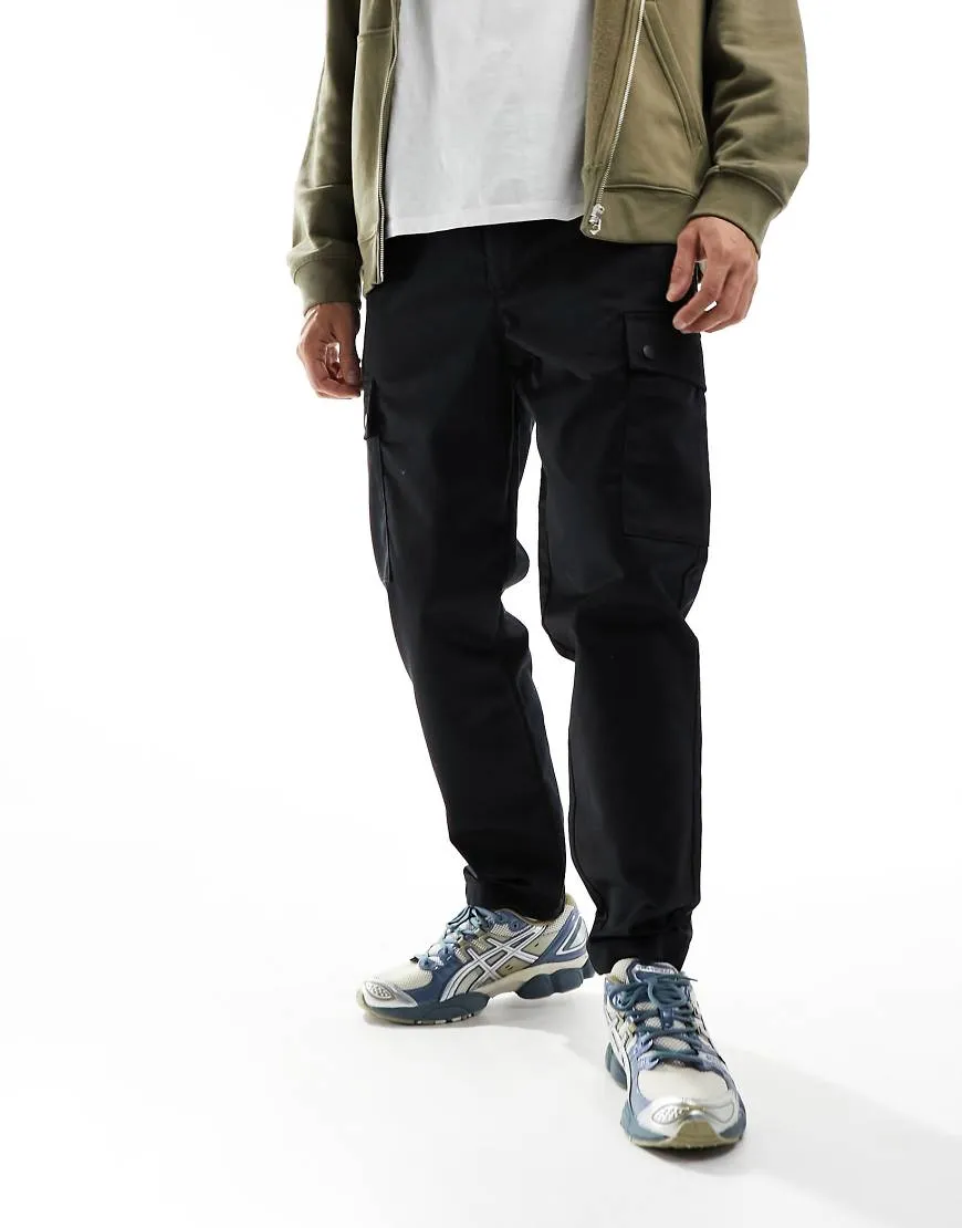 Jack & Jones wide leg tapered drawstring cargo pants in black sold by ASOS