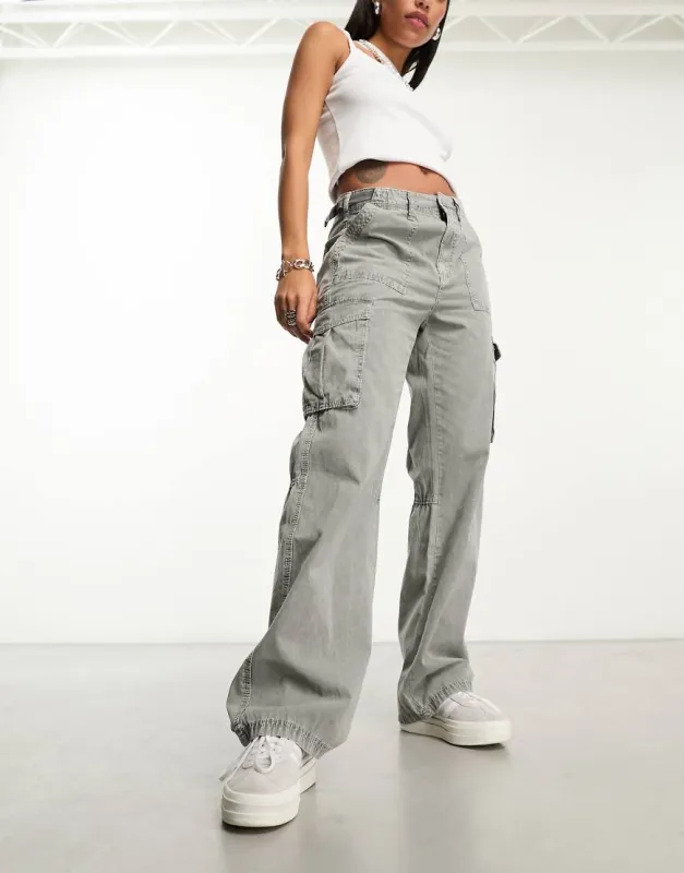 Bershka straight leg cargo trousers in washed grey sold by ASOS