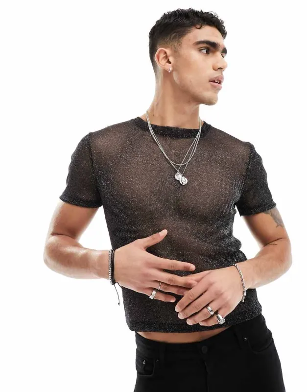 ASOS DESIGN muscle fit T-shirt in glitter mesh-Black sold by ASOS