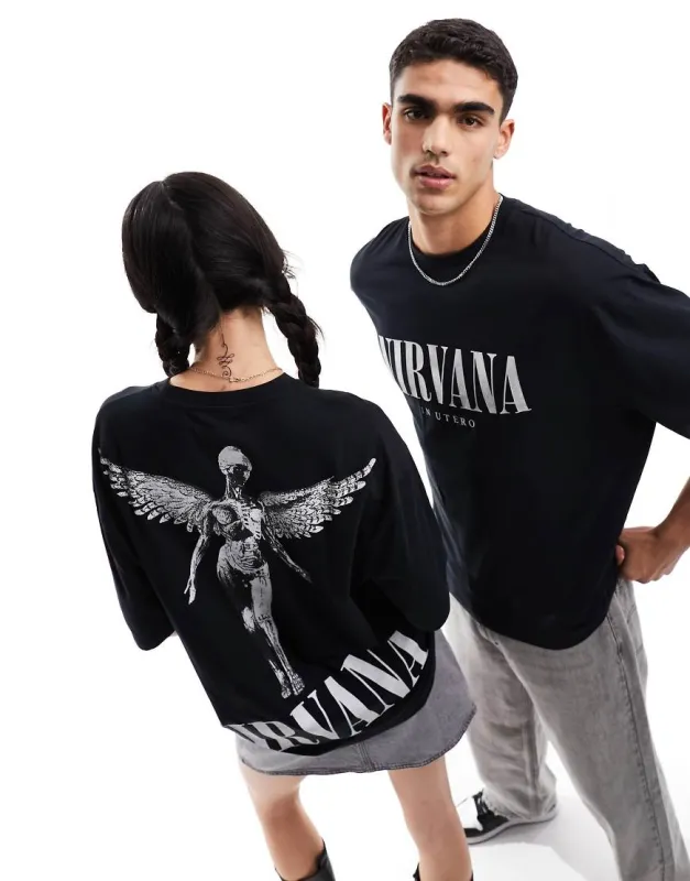 ASOS DESIGN unisex oversized graphic tee in black with Nirvana prints sold by ASOS