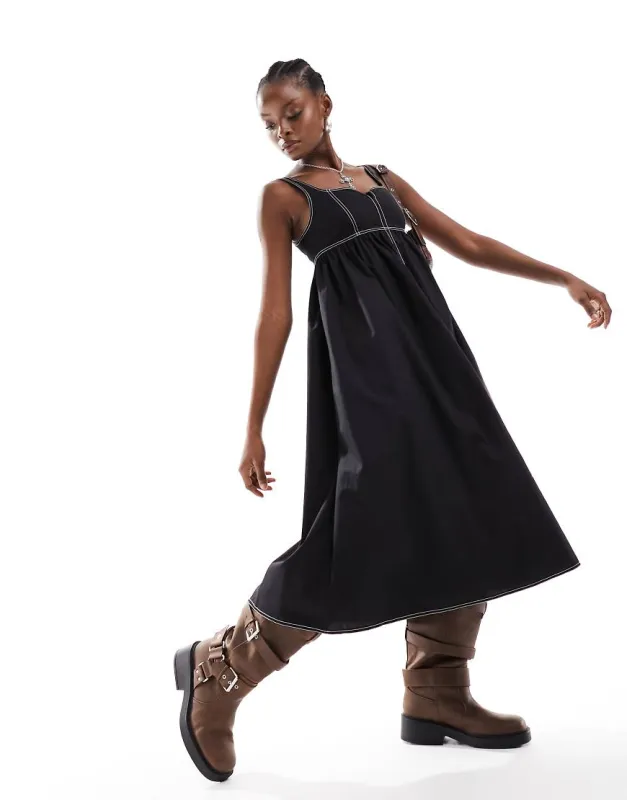 COLLUSION cotton maxi smock dress with notch neck in black sold by ASOS