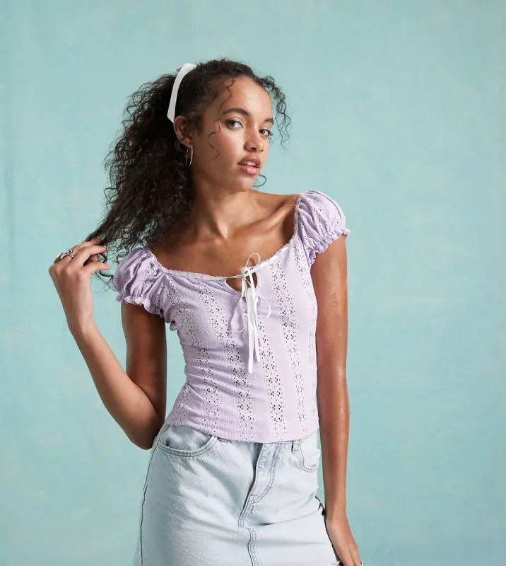 Miss Selfridge milkmaid top in lilac with contrast ribbons-Purple sold by ASOS