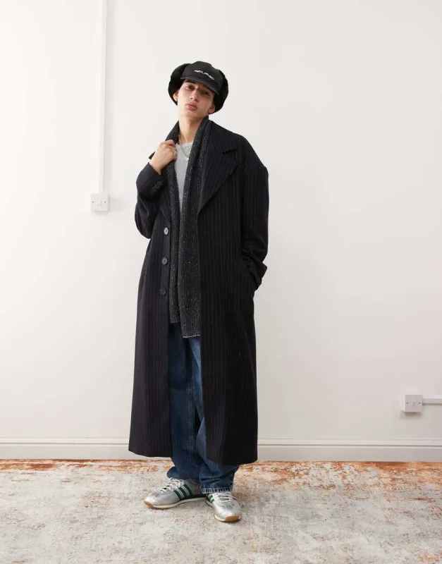 Reclaimed Vintage oversized coat in pinstripe-Navy sold by ASOS