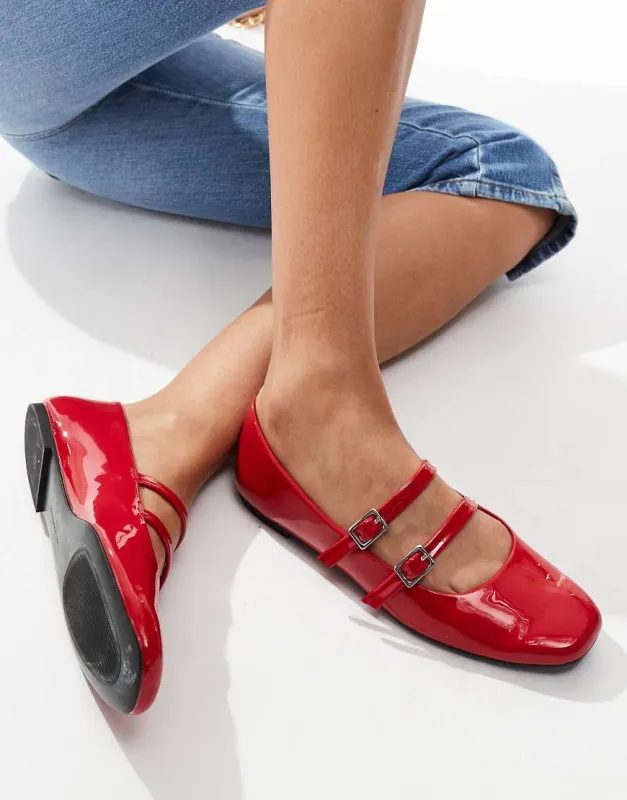 Bershka buckle detail ballet pumps in red sold by ASOS