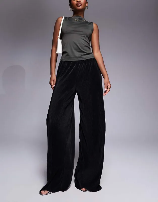 ASOS DESIGN plisse full length trouser in black sold by ASOS