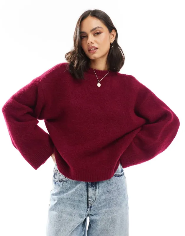 ASOS DESIGN fluffy wide sleeve knitted jumper in burgundy-Red sold by ASOS