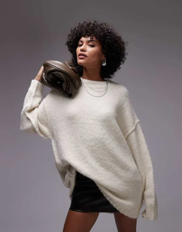 Topshop knitted fluffy crew longline jumper in ivory-White sold by ASOS