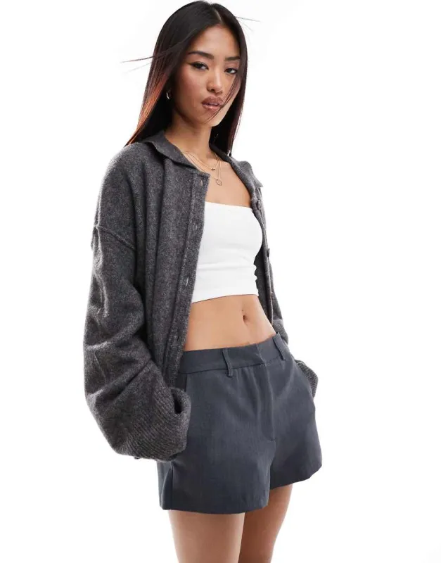 ASOS DESIGN knitted collar shirt cardigan with seam detail in charcoal-Grey sold by ASOS