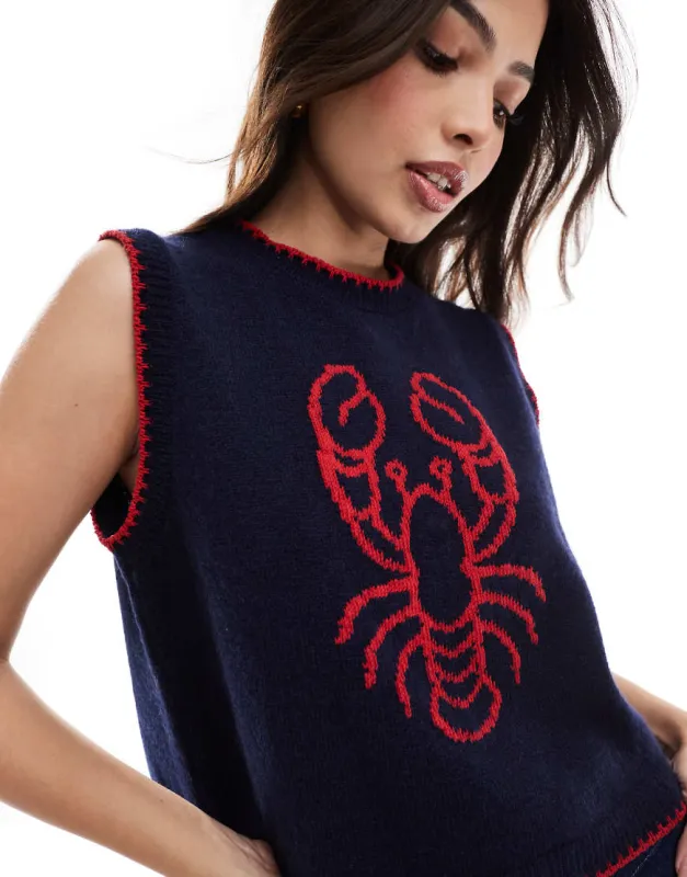 ASOS DESIGN knitted lobster tank top in navy-Multi sold by ASOS