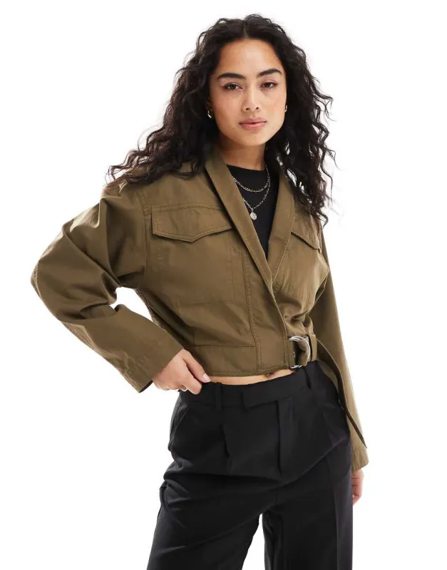 & Other Stories shawl collar jacket with tab waist detail and elasticated back waist in khaki green sold by ASOS