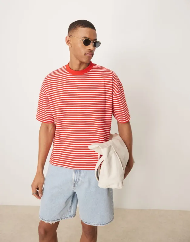 ASOS DESIGN heayweight boxy oversized t-shirt in red and white stripe-Multi sold by ASOS
