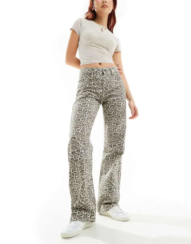 Stradivarius STR straight leg jean in leopard print-Multi sold by ASOS
