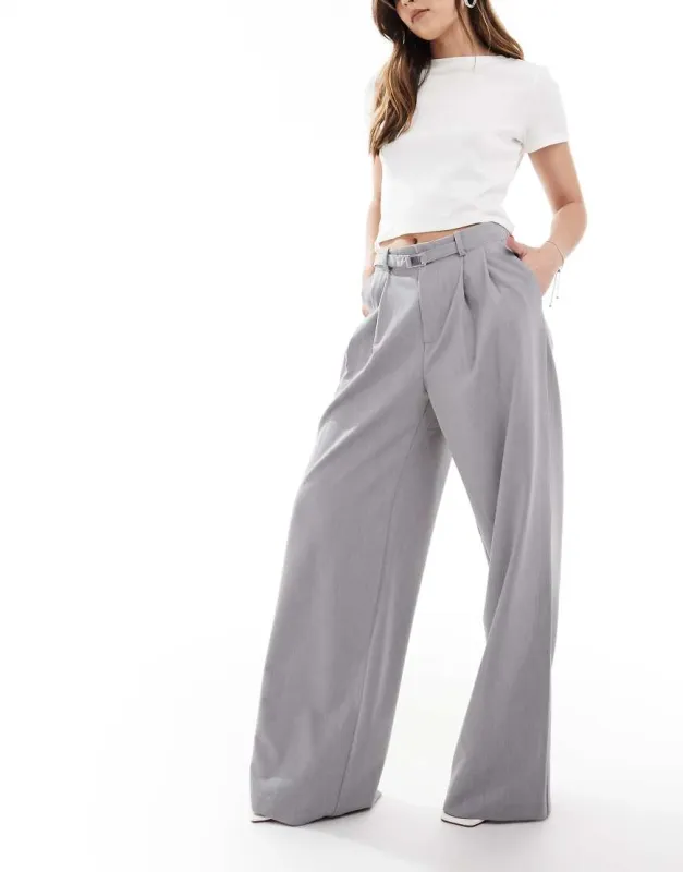 Stradivarius belted tailored wide leg trouser in grey sold by ASOS