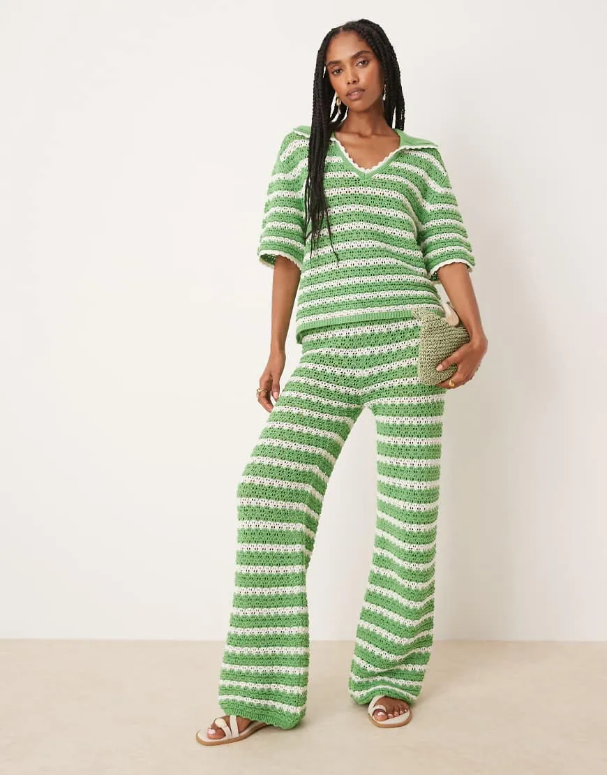 ASOS DESIGN co-ord knitted stitch wide leg trousers in stripe-Green sold by ASOS