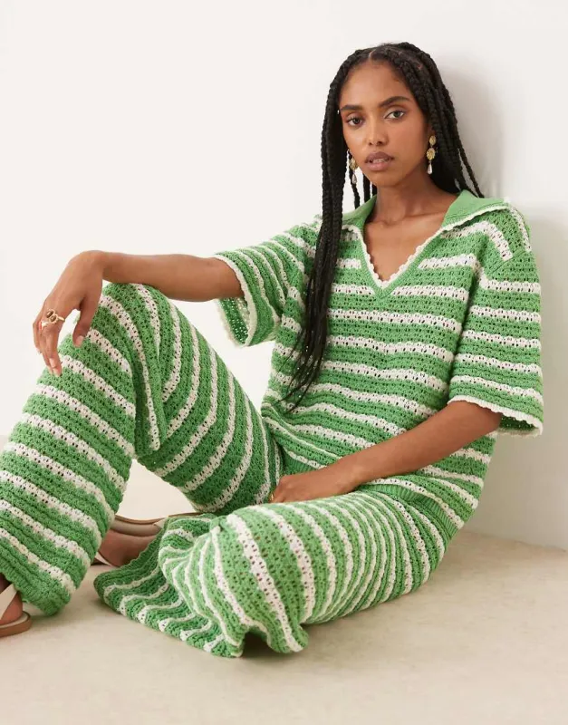 ASOS DESIGN co-ord knitted stitch short sleeve polo top in stripe-Green sold by ASOS