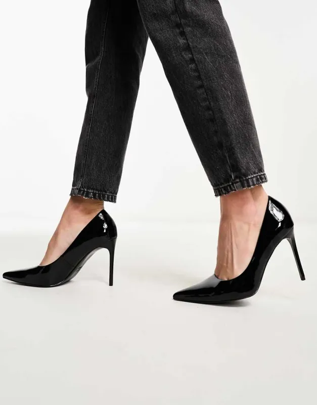 ASOS DESIGN Paphos pointed high heeled court shoes in black patent sold by ASOS
