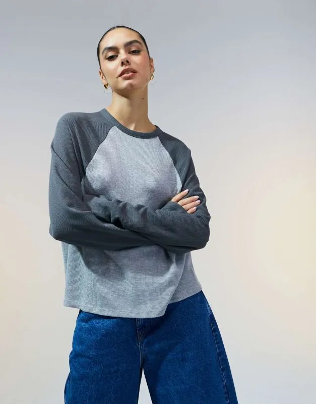 ASOS DESIGN raglan long sleeve top in waffle in charcoal-Multi sold by ASOS