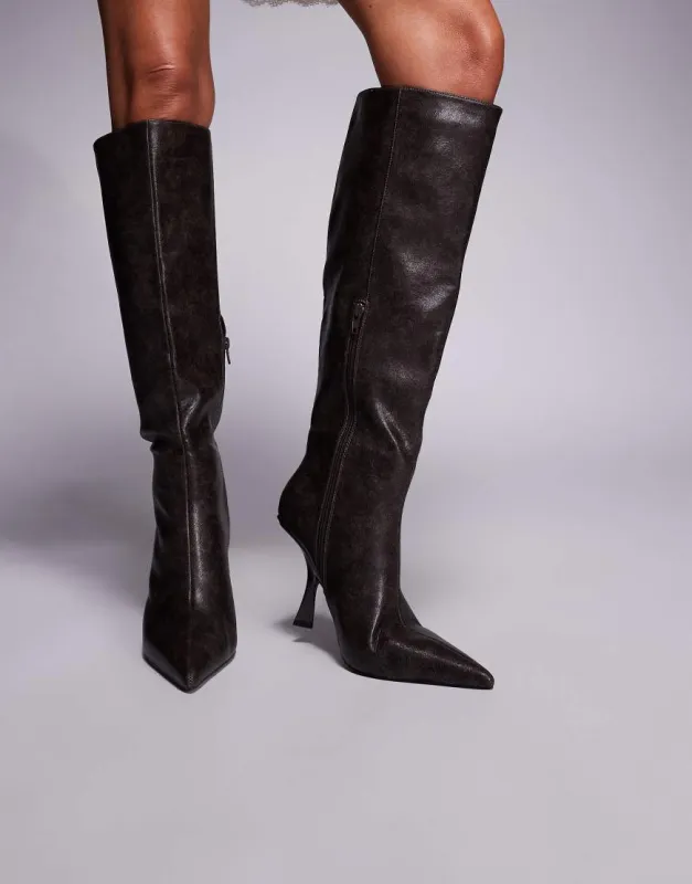 Public Desire Third Date high heeled knee boots in distressed brown sold by ASOS