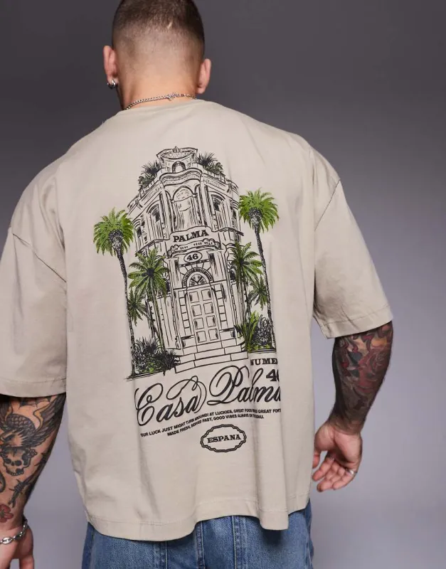 ASOS DESIGN boxy oversized T-shirt with front and back print in light brown sold by ASOS