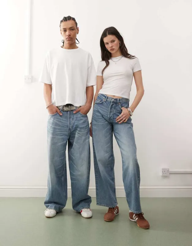 Weekday Unisex Astro baggy wide leg jeans in blue sold by ASOS