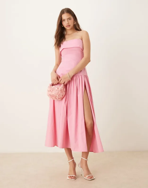 ASOS DESIGN fold over bandeau midi dress with asymmetric detailing in pink sold by ASOS