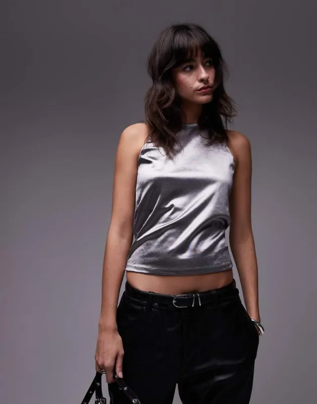 Mango metallic high neck top in silver sold by ASOS