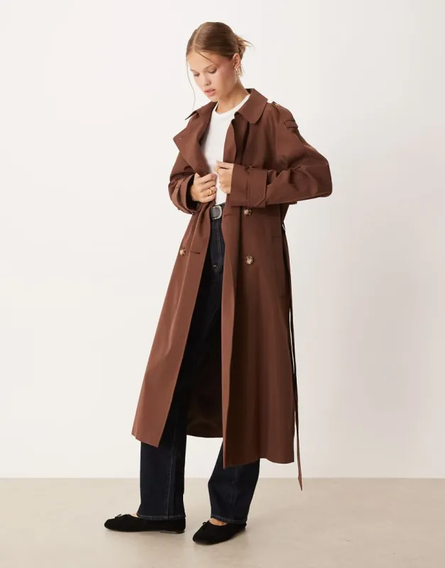 ASOS DESIGN longline trench coat in chocolate-Brown sold by ASOS