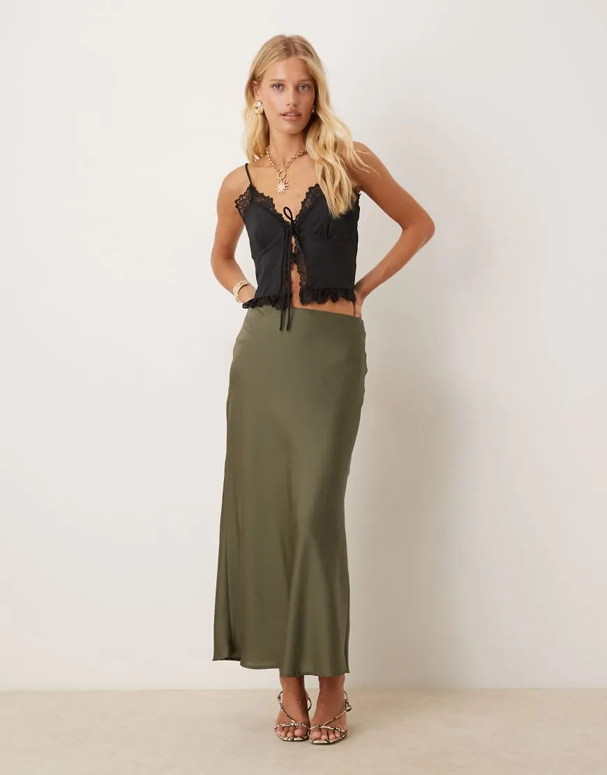 Vila satin maxi skirt in olive green sold by ASOS