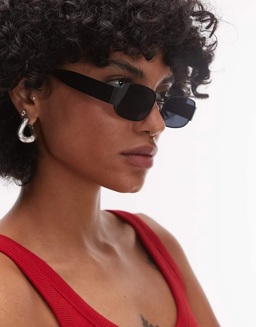 Topshop Crete rectangle metal sunglasses in black sold by ASOS