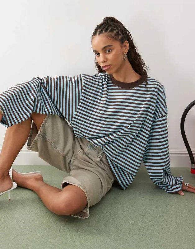 Lioness Bloom cotton blend long sleeve crew neck boxy t-shirt in blue and brown stripe-Multi sold by ASOS